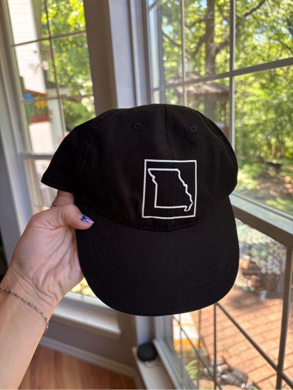 Black Baseball Cap with White Missouri Outline